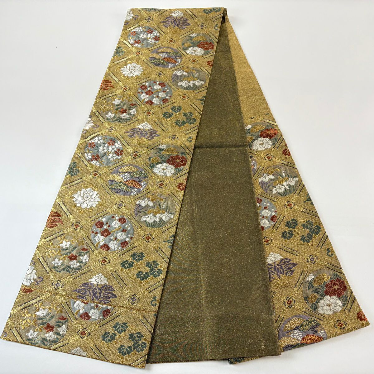 【美品】 袋帶 秀品級 關西仕立 草花紋 斜格紋 金金箔 金絲 金 六通 純蠶絲