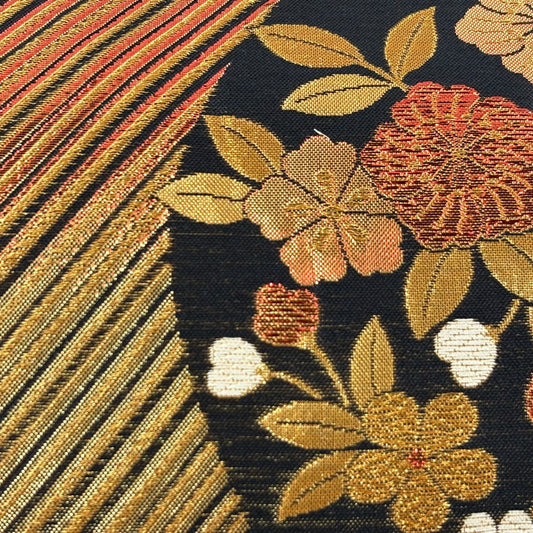 【美品】 袋帶 優品級 辻花染圖案 斜紋 金金箔 金絲 金色 六通 純蠶絲