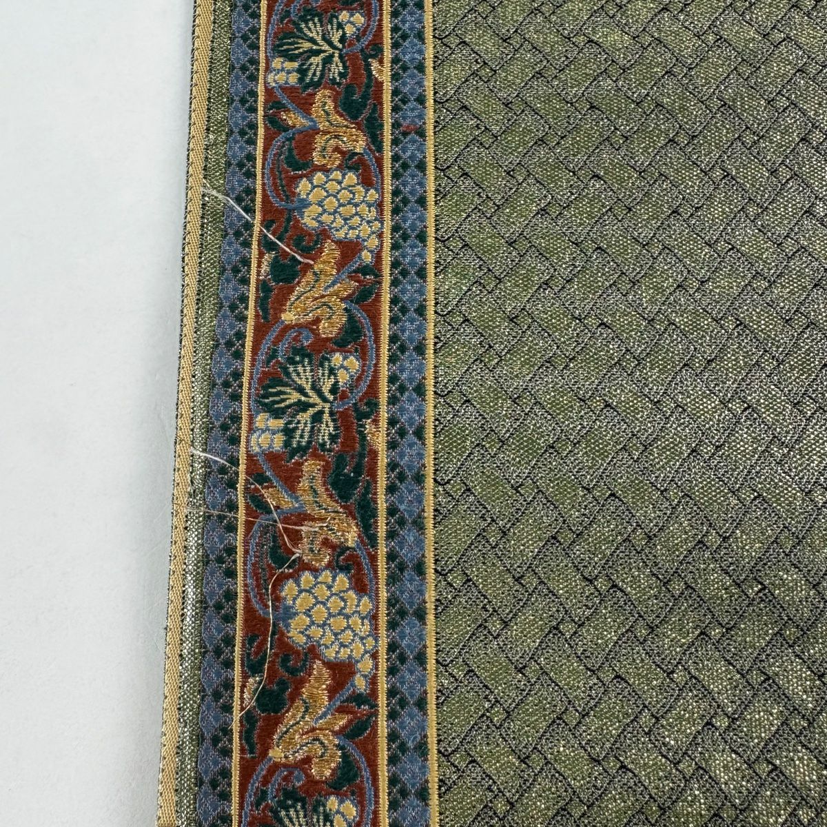 袋帶 秀品級 花唐草紋 幾何圖案 金絲 金金箔 灰綠 六通 純蠶絲