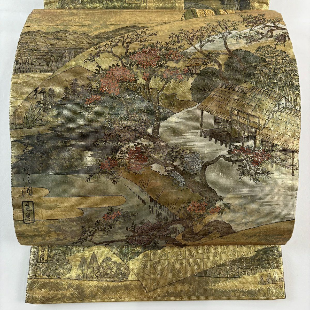 袋帶 秀品級 山並 舟 金絲 金金箔 金色 大鼓圖案 純蠶絲