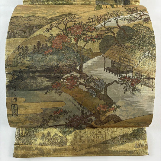 袋帶 秀品級 山並 舟 金絲 金金箔 金色 大鼓圖案 純蠶絲
