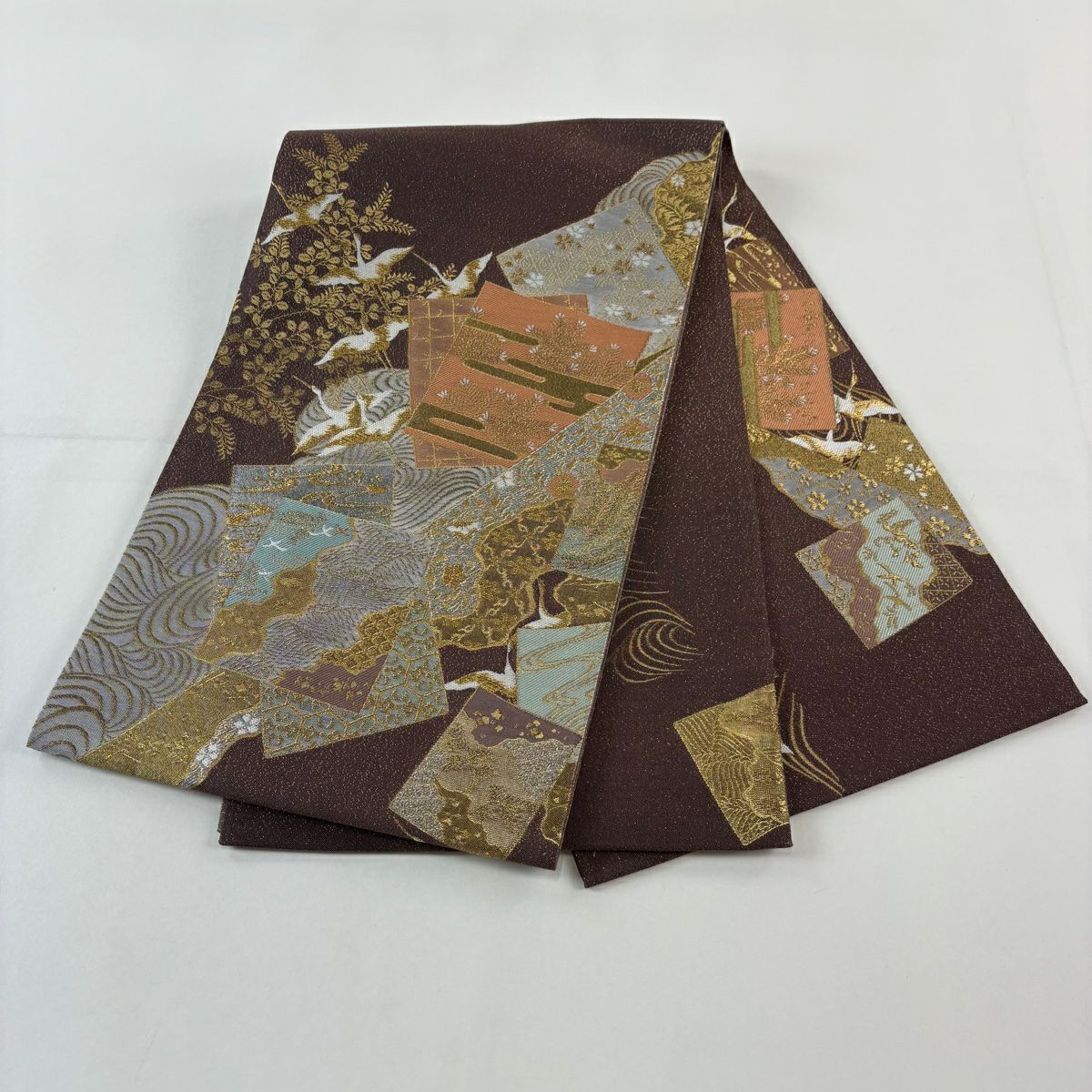 【美品】 袋帶 秀品級 證書附帶 色紙 花鳥 金絲 金金箔 紅紫 大鼓圖案 純蠶絲