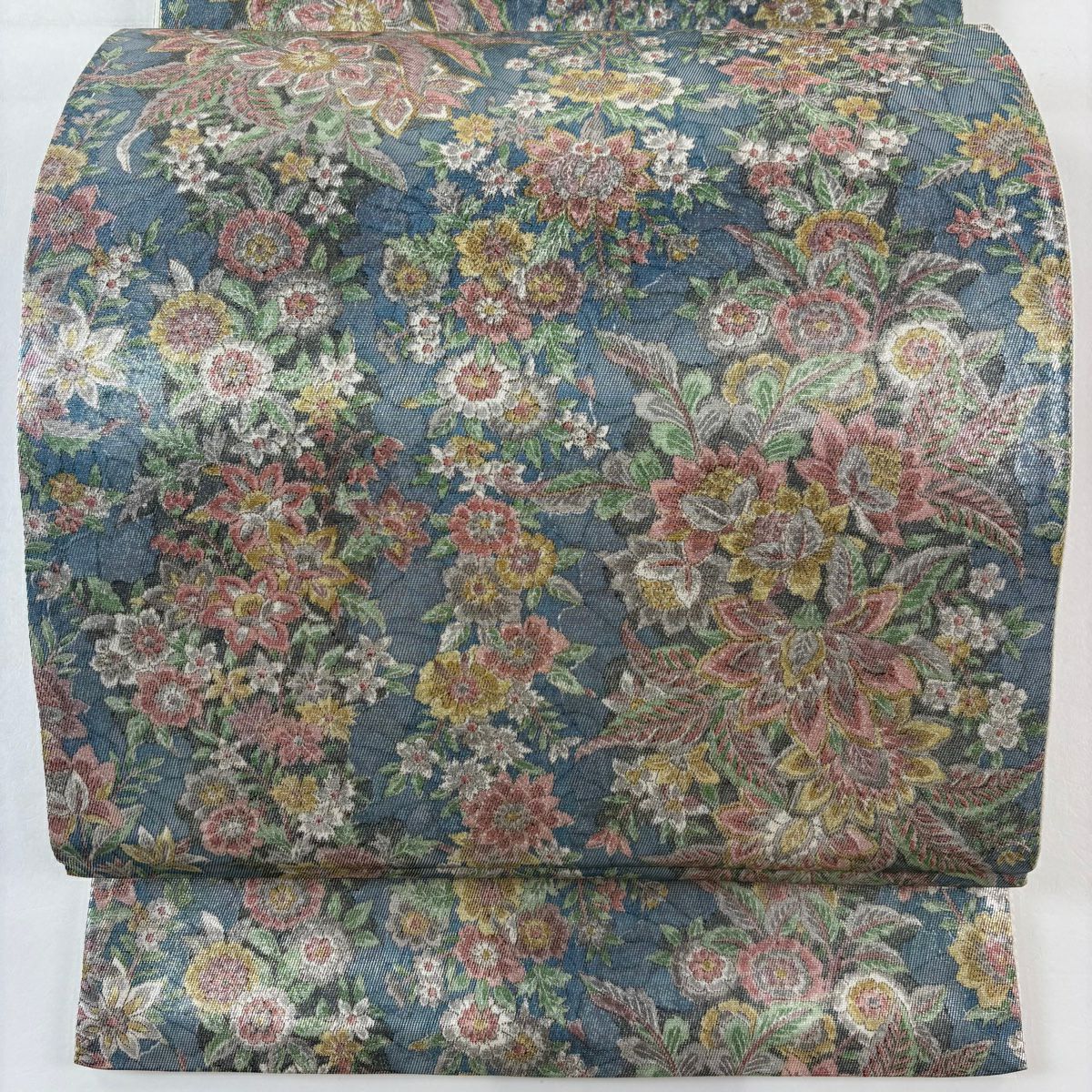 【美品】 袋帶 秀品級 二代目 更甚 落款 草花紋紋 金金箔 青灰 深藍色 六通 純蠶絲