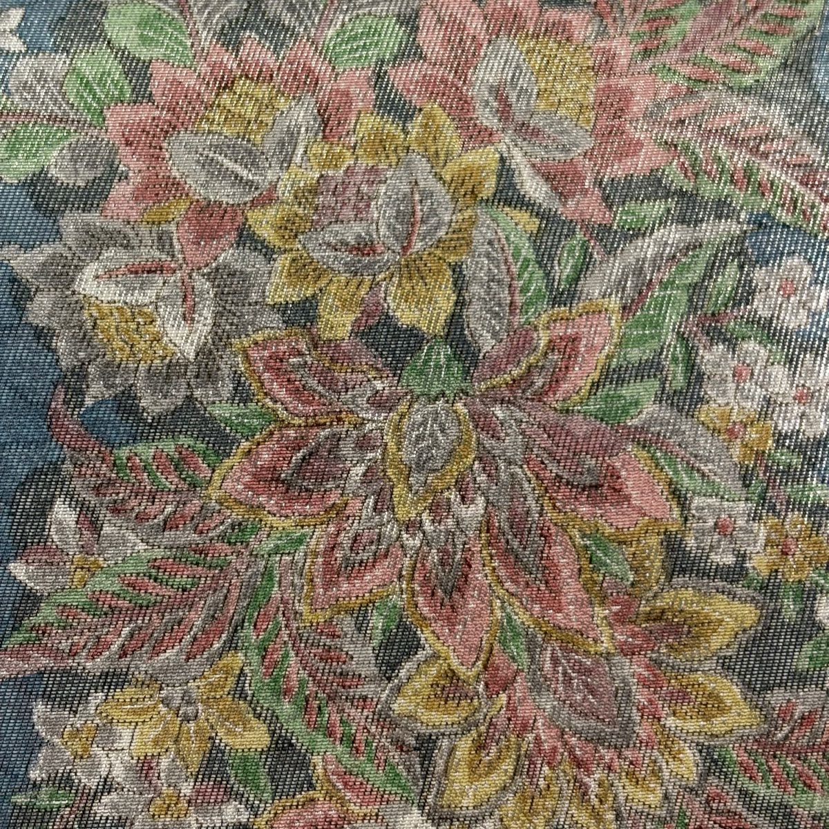 【美品】 袋帶 秀品級 二代目 更甚 落款 草花紋紋 金金箔 青灰 深藍色 六通 純蠶絲
