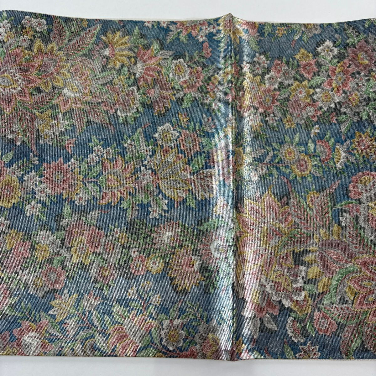 【美品】 袋帶 秀品級 二代目 更甚 落款 草花紋紋 金金箔 青灰 深藍色 六通 純蠶絲