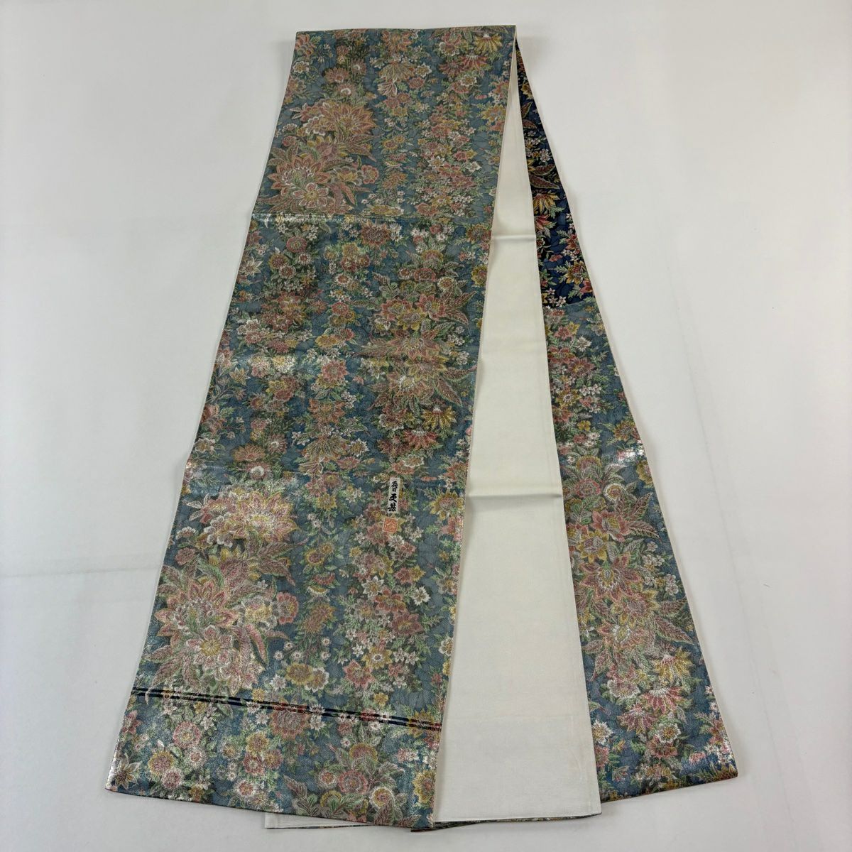 【美品】 袋帶 秀品級 二代目 更甚 落款 草花紋紋 金金箔 青灰 深藍色 六通 純蠶絲