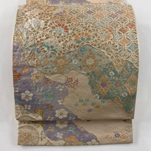 袋帶 秀品級 草花紋紋 波紋 刺繡 金絲 米色 六通 純蠶絲