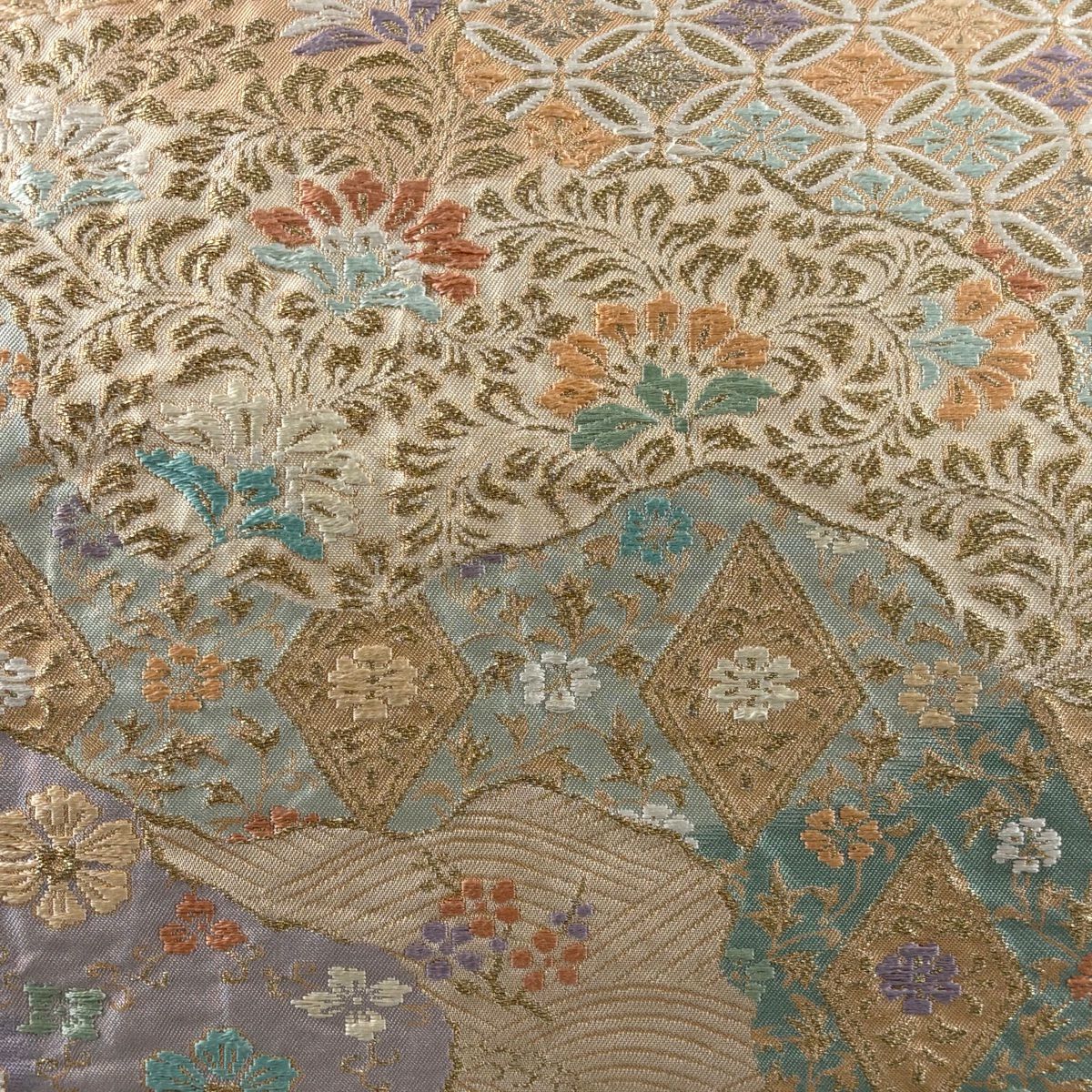 袋帶 秀品級 草花紋紋 波紋 刺繡 金絲 米色 六通 純蠶絲
