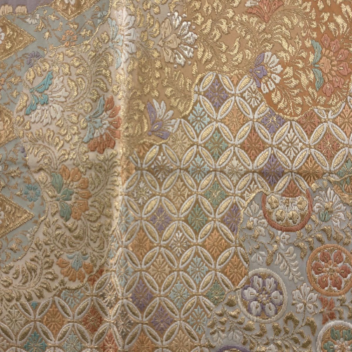袋帶 秀品級 草花紋紋 波紋 刺繡 金絲 米色 六通 純蠶絲