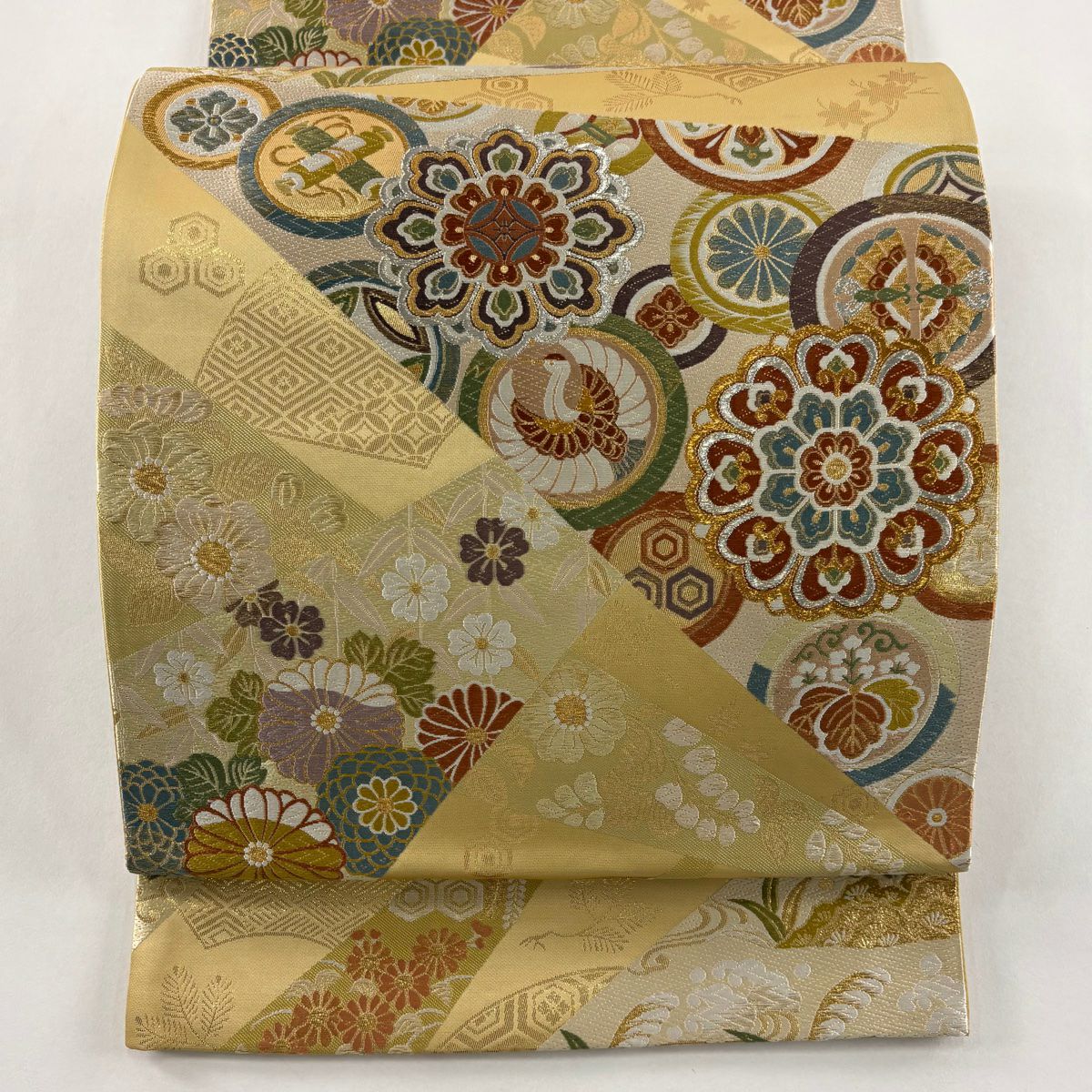【美品】 袋帶 秀品級 華紋 仙鶴 唐織 金金箔 淡黃土 深色 六通 純蠶絲
