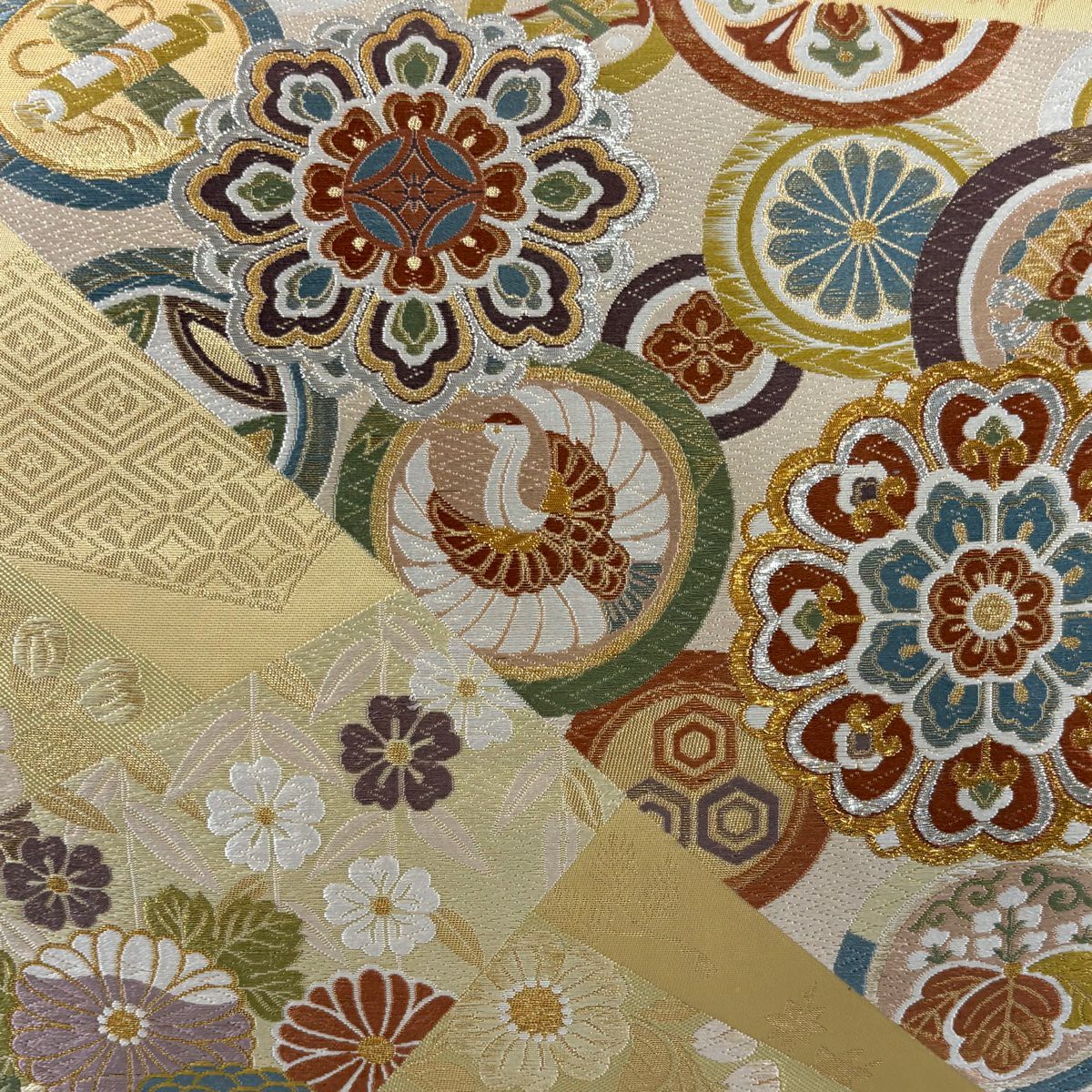 【美品】 袋帶 秀品級 華紋 仙鶴 唐織 金金箔 淡黃土 深色 六通 純蠶絲
