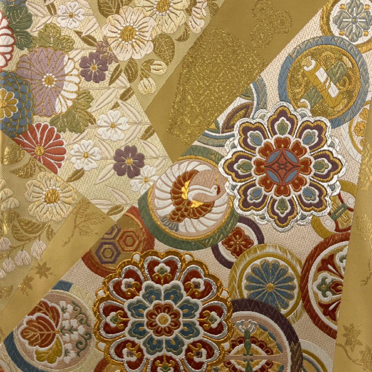 【美品】 袋帶 秀品級 華紋 仙鶴 唐織 金金箔 淡黃土 深色 六通 純蠶絲