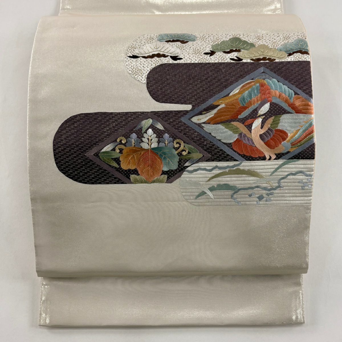 【美品】 袋帶 秀品級 向鳥 ヱ霞 金絲 刺繡 銀色 大鼓圖案 純蠶絲