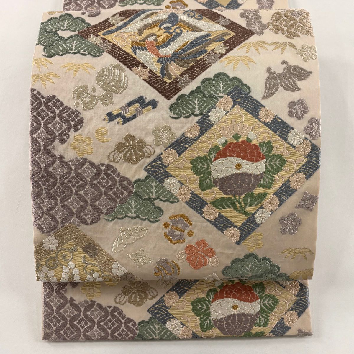 袋帶 秀品級 菊花 向鳥 刺繡 金線 米色 六通 純蠶絲
