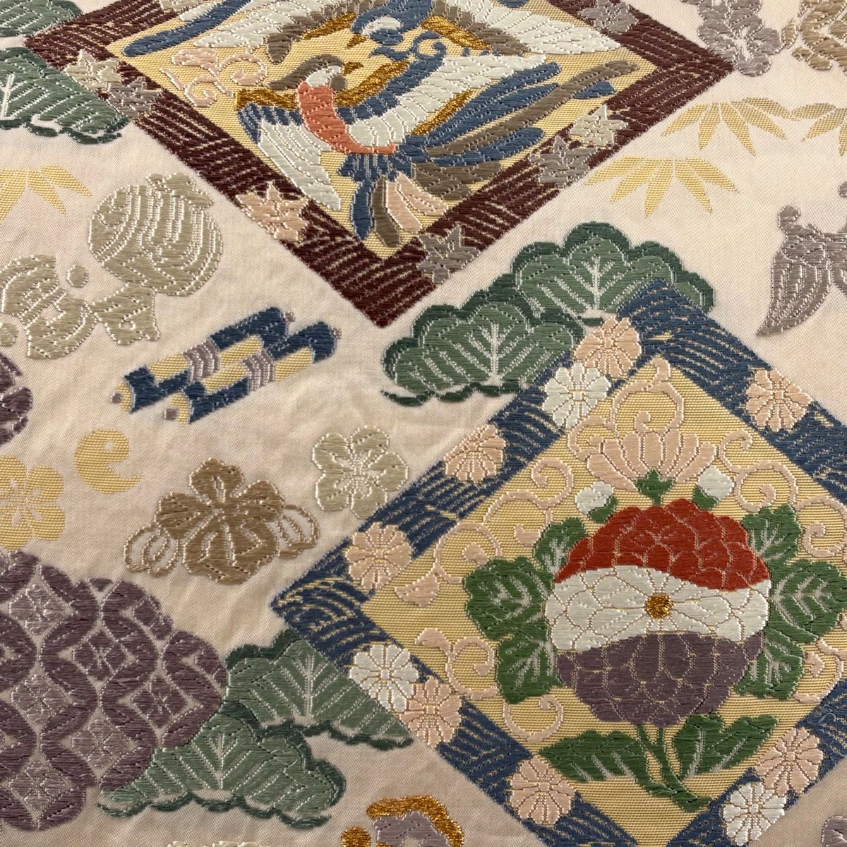 袋帶 秀品級 菊花 向鳥 刺繡 金線 米色 六通 純蠶絲