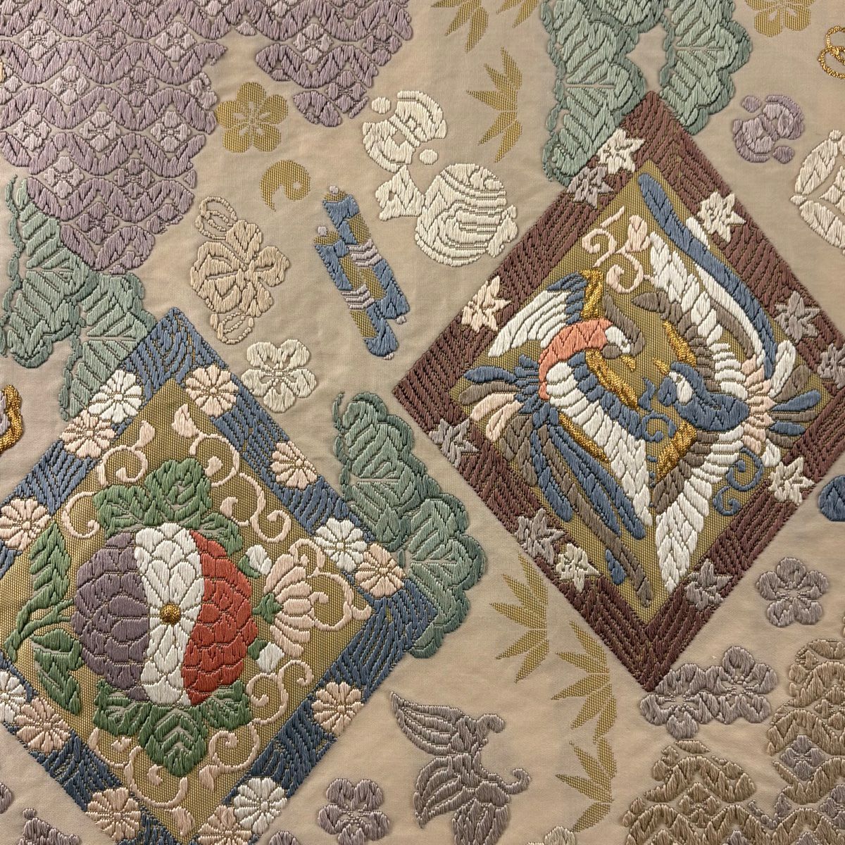 袋帶 秀品級 菊花 向鳥 刺繡 金線 米色 六通 純蠶絲