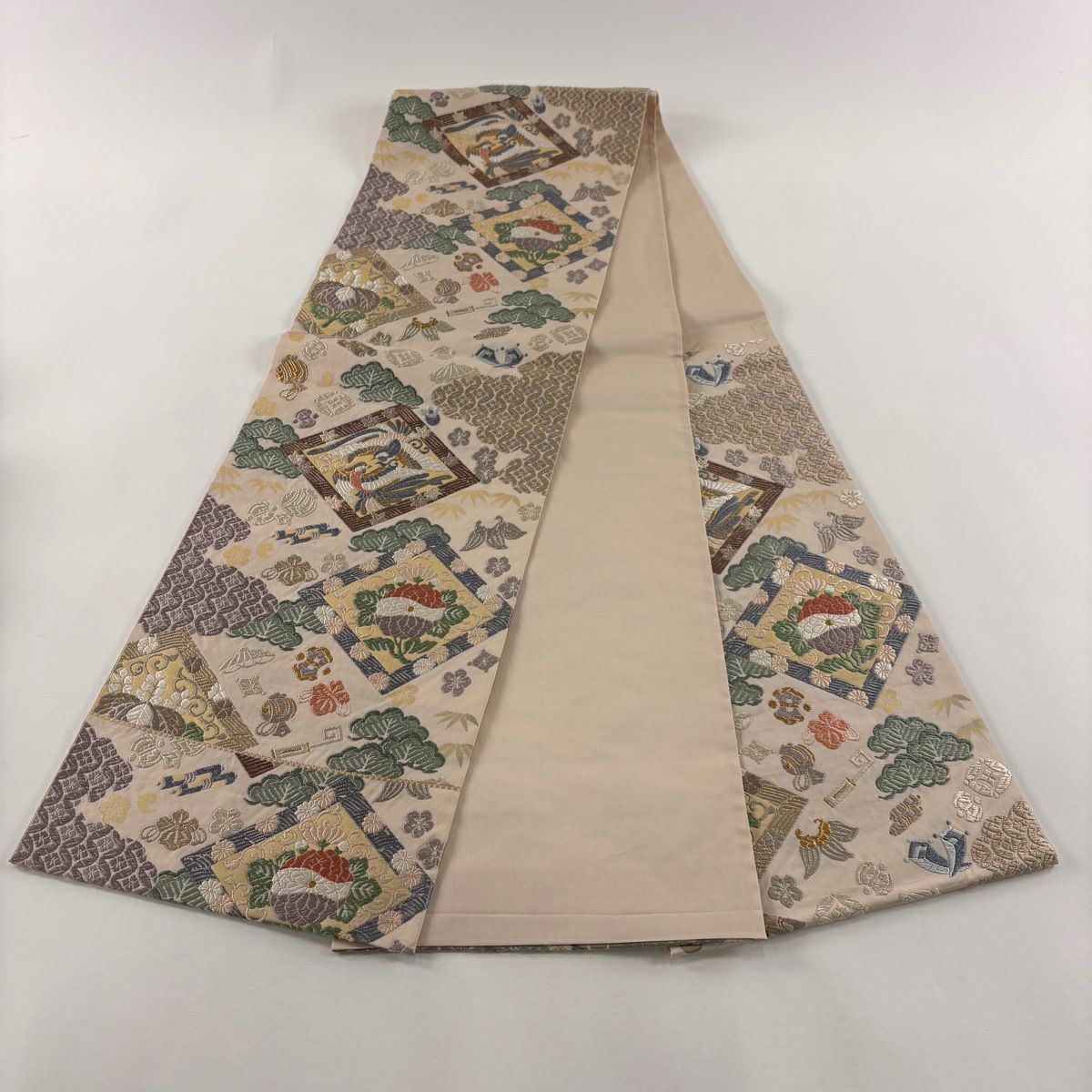 袋帶 秀品級 菊花 向鳥 刺繡 金線 米色 六通 純蠶絲