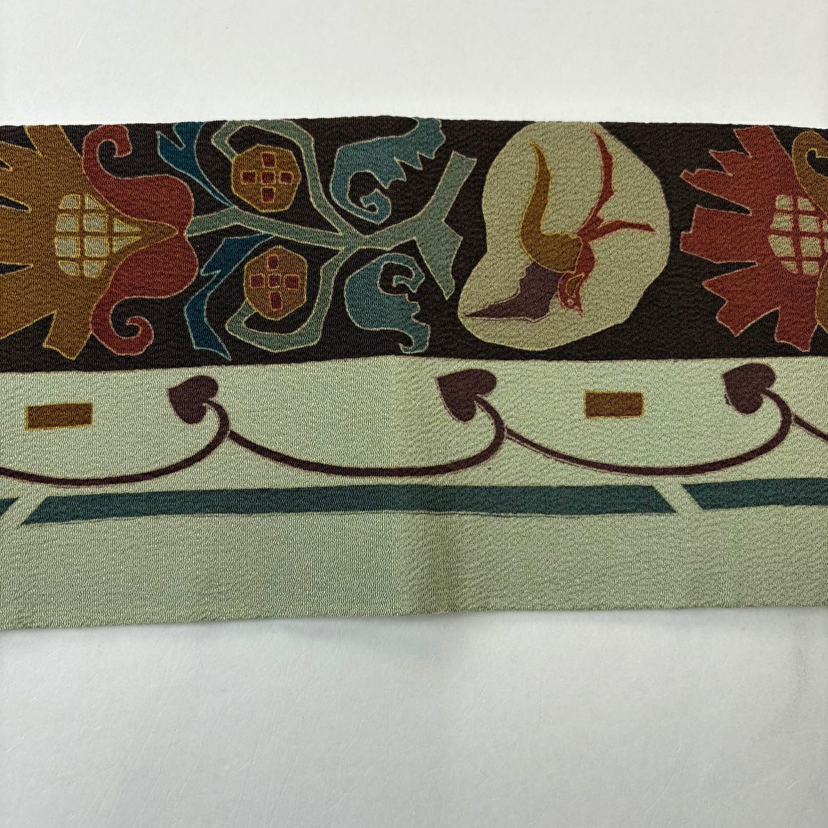【美品】 名古屋帶 秀品級 草花紋紋 鳥 縮緬 薄綠 純蠶絲