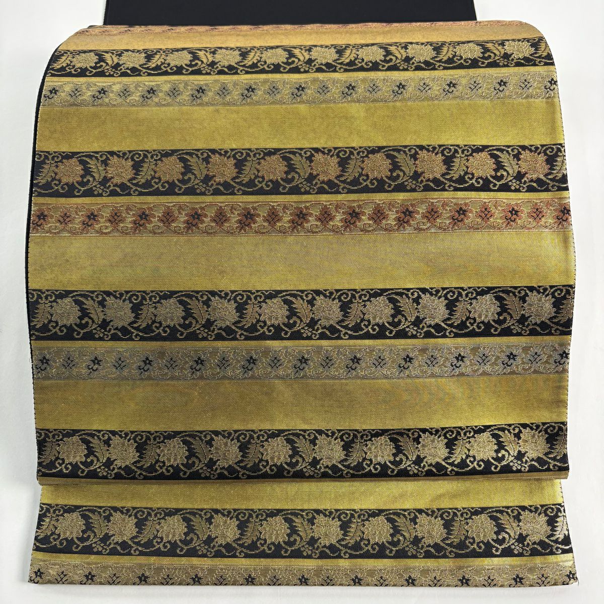 【美品】 袋帶 秀品級 名物裂間道 本金金箔 金色 大鼓圖案 純蠶絲