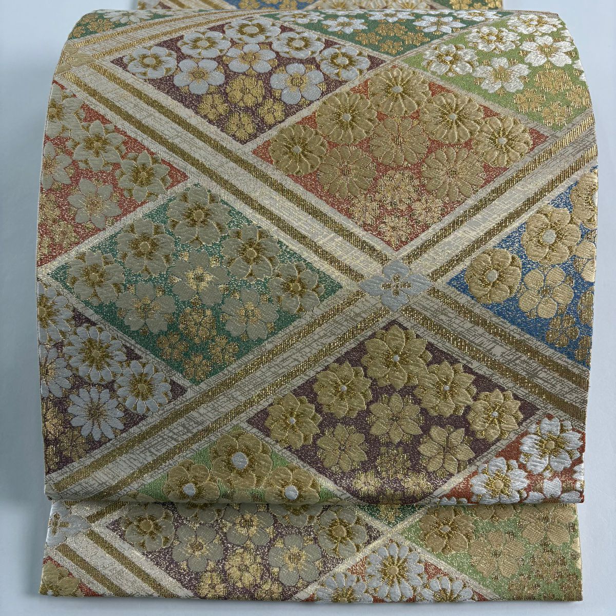 【美品】 袋帶 秀品級 花 斜格 金絲 金金箔 金色 六通 純蠶絲