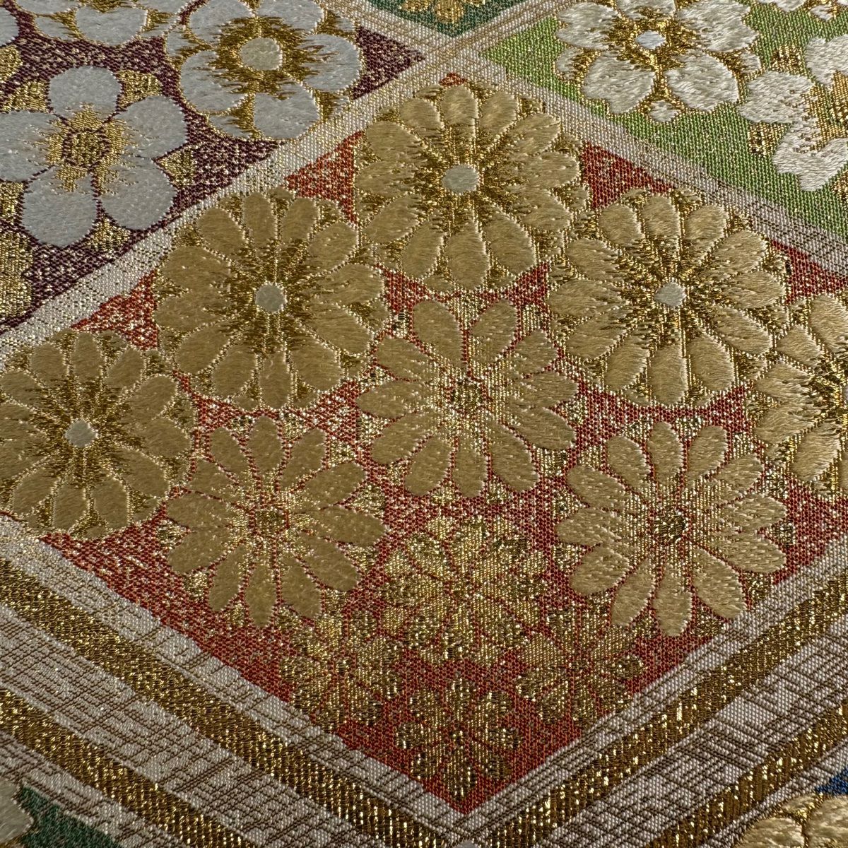 【美品】 袋帶 秀品級 花 斜格 金絲 金金箔 金色 六通 純蠶絲