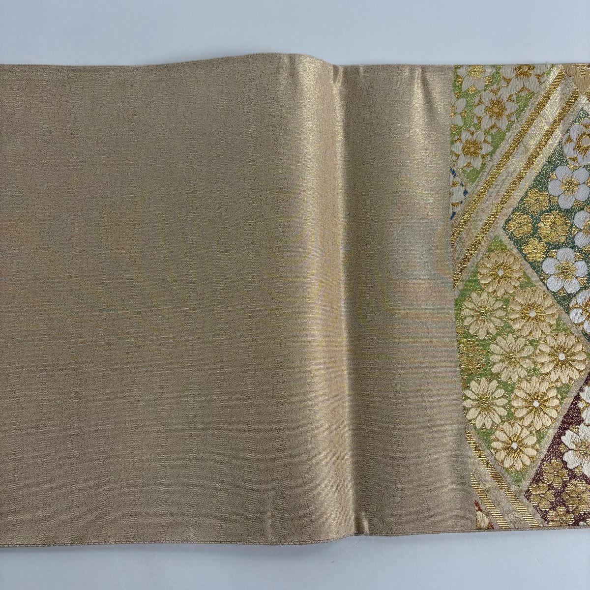 【美品】 袋帶 秀品級 花 斜格 金絲 金金箔 金色 六通 純蠶絲