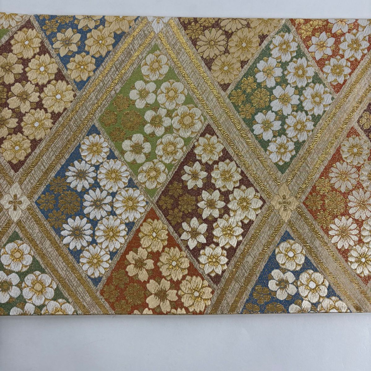 【美品】 袋帶 秀品級 花 斜格 金絲 金金箔 金色 六通 純蠶絲