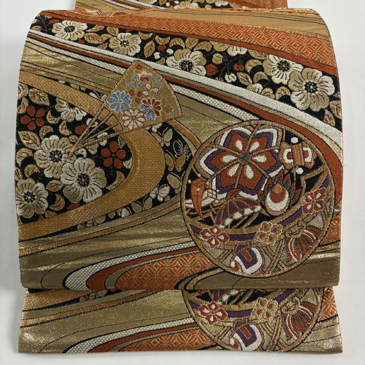 【美品】 袋帶 秀品級 振袖禮服禮服用 手鞠 扇子 金絲 金金箔 橙色 六通 純蠶絲