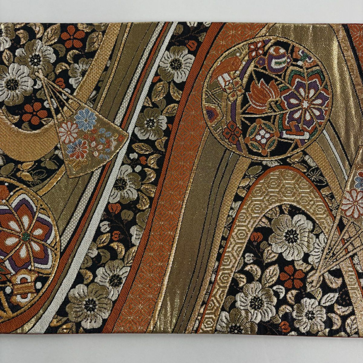 【美品】 袋帶 秀品級 振袖禮服禮服用 手鞠 扇子 金絲 金金箔 橙色 六通 純蠶絲