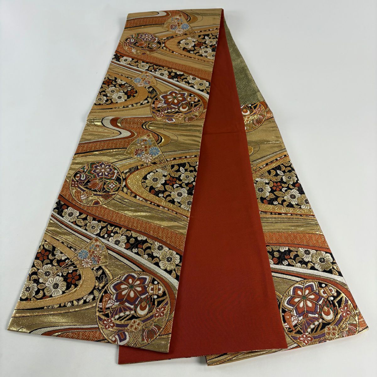 【美品】 袋帶 秀品級 振袖禮服禮服用 手鞠 扇子 金絲 金金箔 橙色 六通 純蠶絲