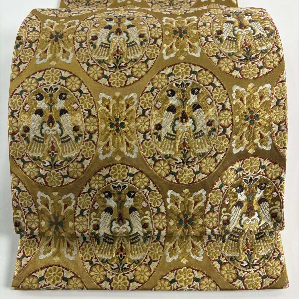 【美品】 袋帶 秀品級 埃及花鳥紋 金金箔 黃土 深色 六通 純蠶絲