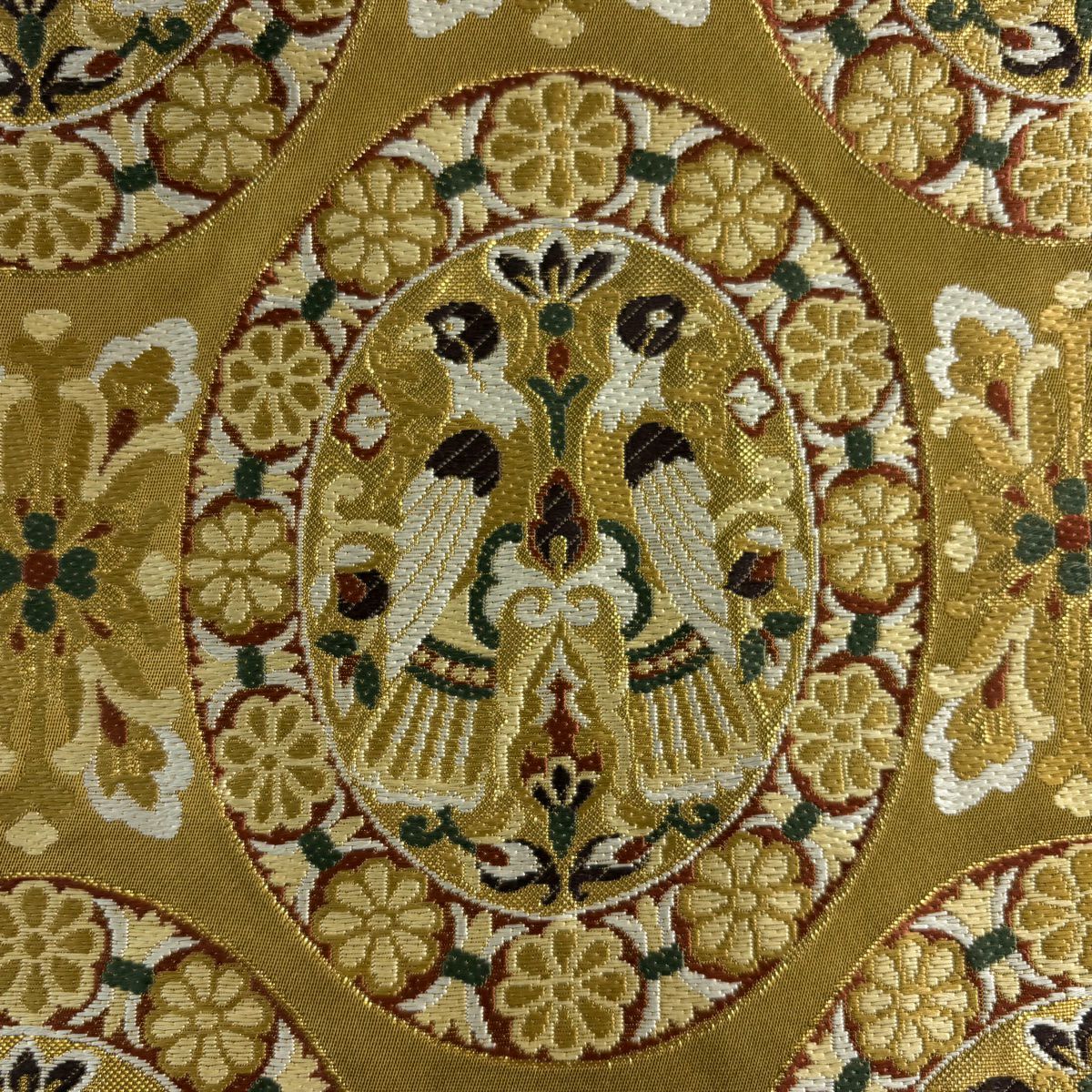【美品】 袋帶 秀品級 埃及花鳥紋 金金箔 黃土 深色 六通 純蠶絲