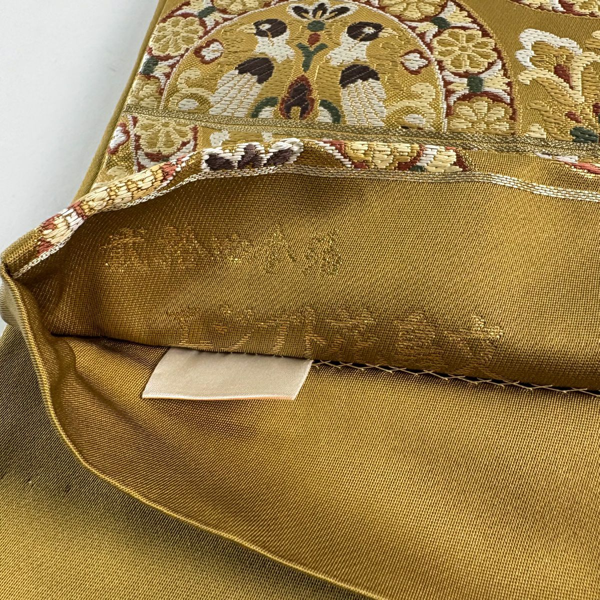【美品】 袋帶 秀品級 埃及花鳥紋 金金箔 黃土 深色 六通 純蠶絲