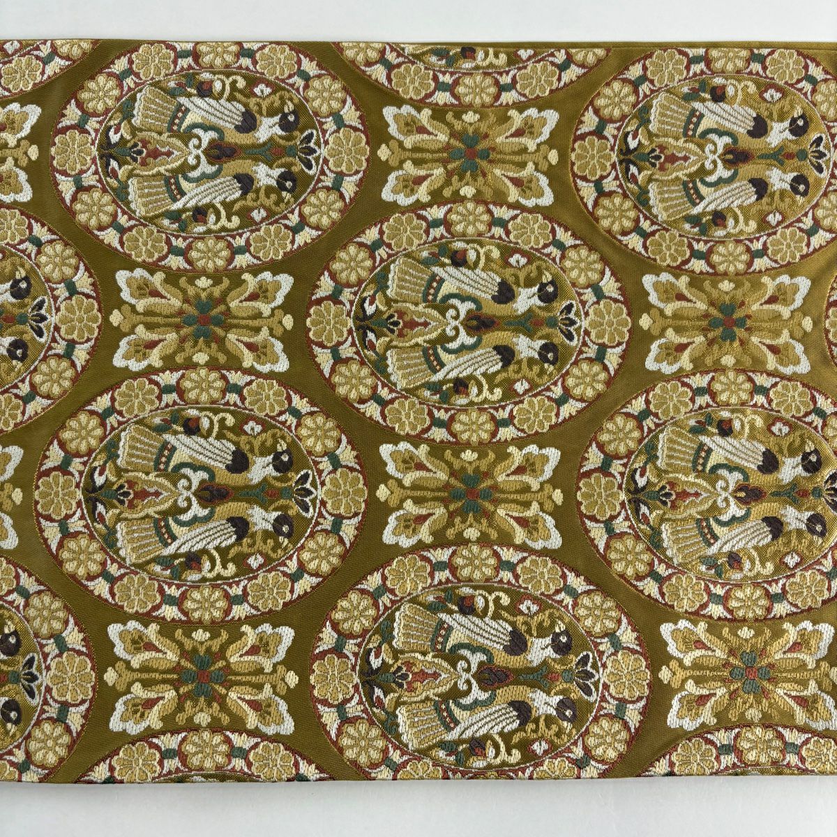 【美品】 袋帶 秀品級 埃及花鳥紋 金金箔 黃土 深色 六通 純蠶絲