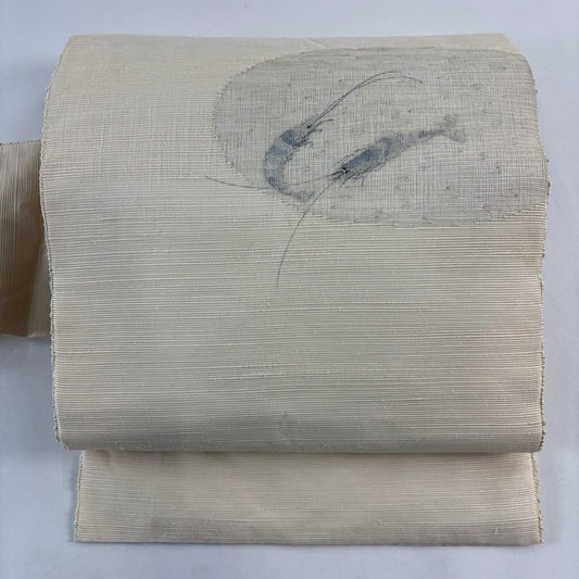【美品】名古屋帶 秀品級 夏帶 海老 銀線 奶油色 純蠶絲