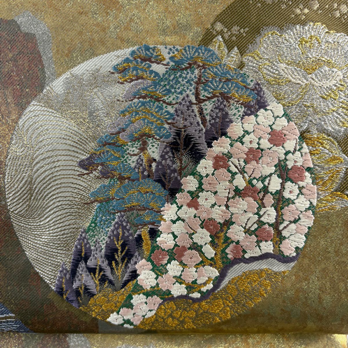 【美品】 袋帶 秀品級 圓窗清雅紋 金絲 金金箔 金 六通 純蠶絲