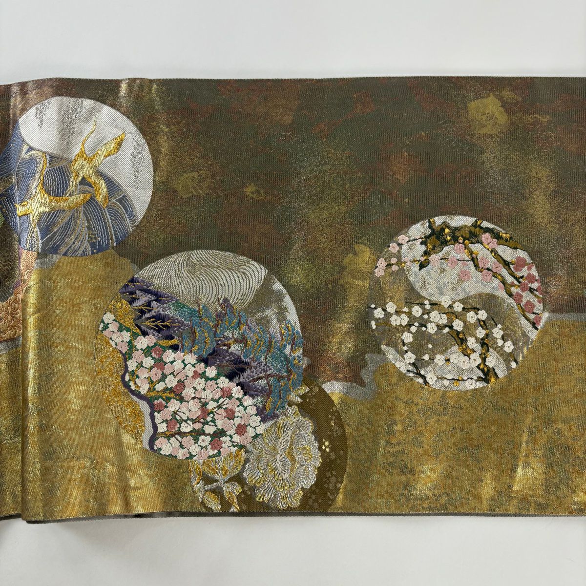 【美品】 袋帶 秀品級 圓窗清雅紋 金絲 金金箔 金 六通 純蠶絲