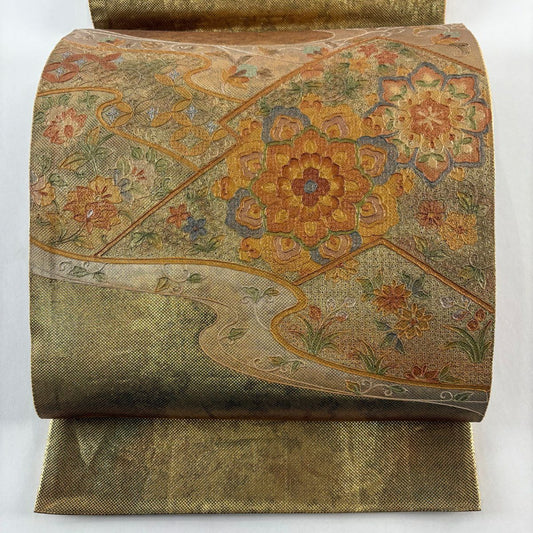 袋帶 秀品級 華紋 流水 刺繡 金金箔 金色 大鼓圖案 純蠶絲