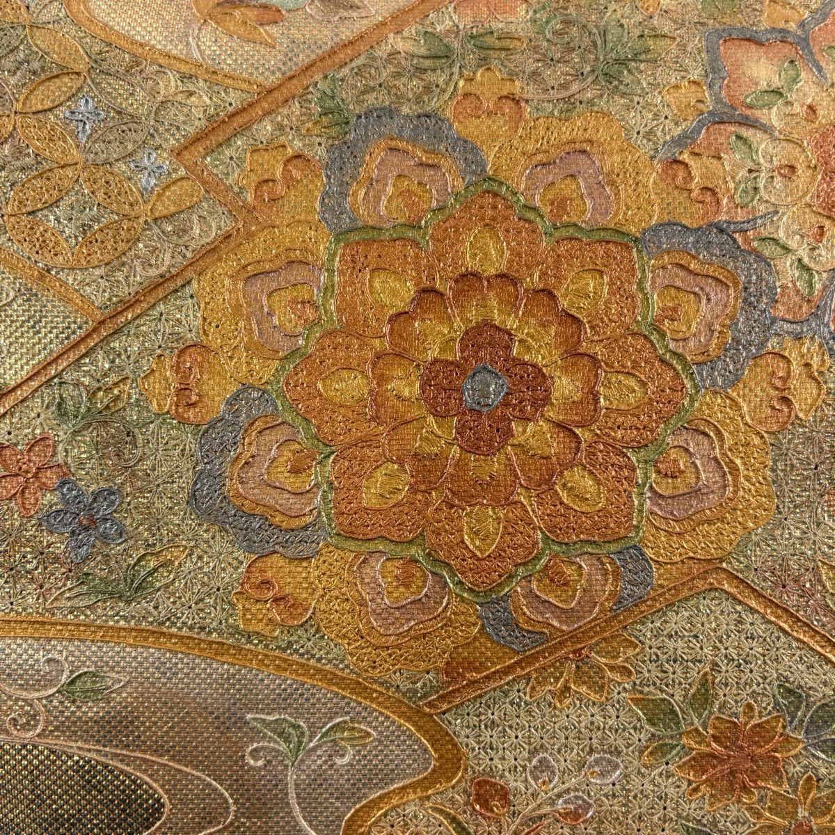 袋帶 秀品級 華紋 流水 刺繡 金金箔 金色 大鼓圖案 純蠶絲