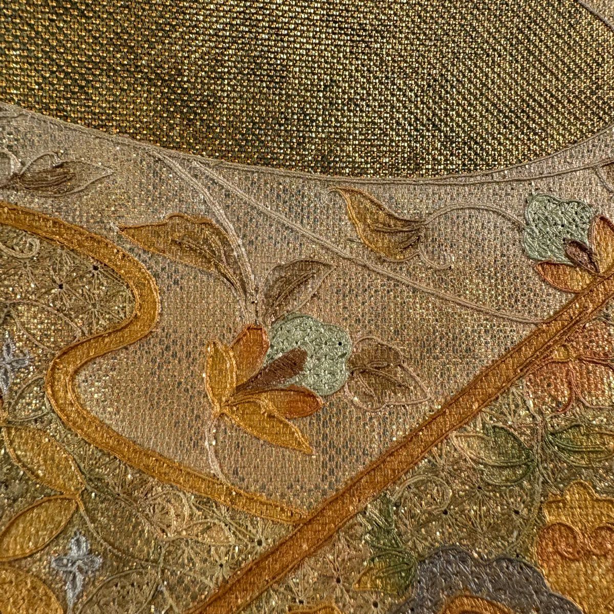 袋帶 秀品級 華紋 流水 刺繡 金金箔 金色 大鼓圖案 純蠶絲