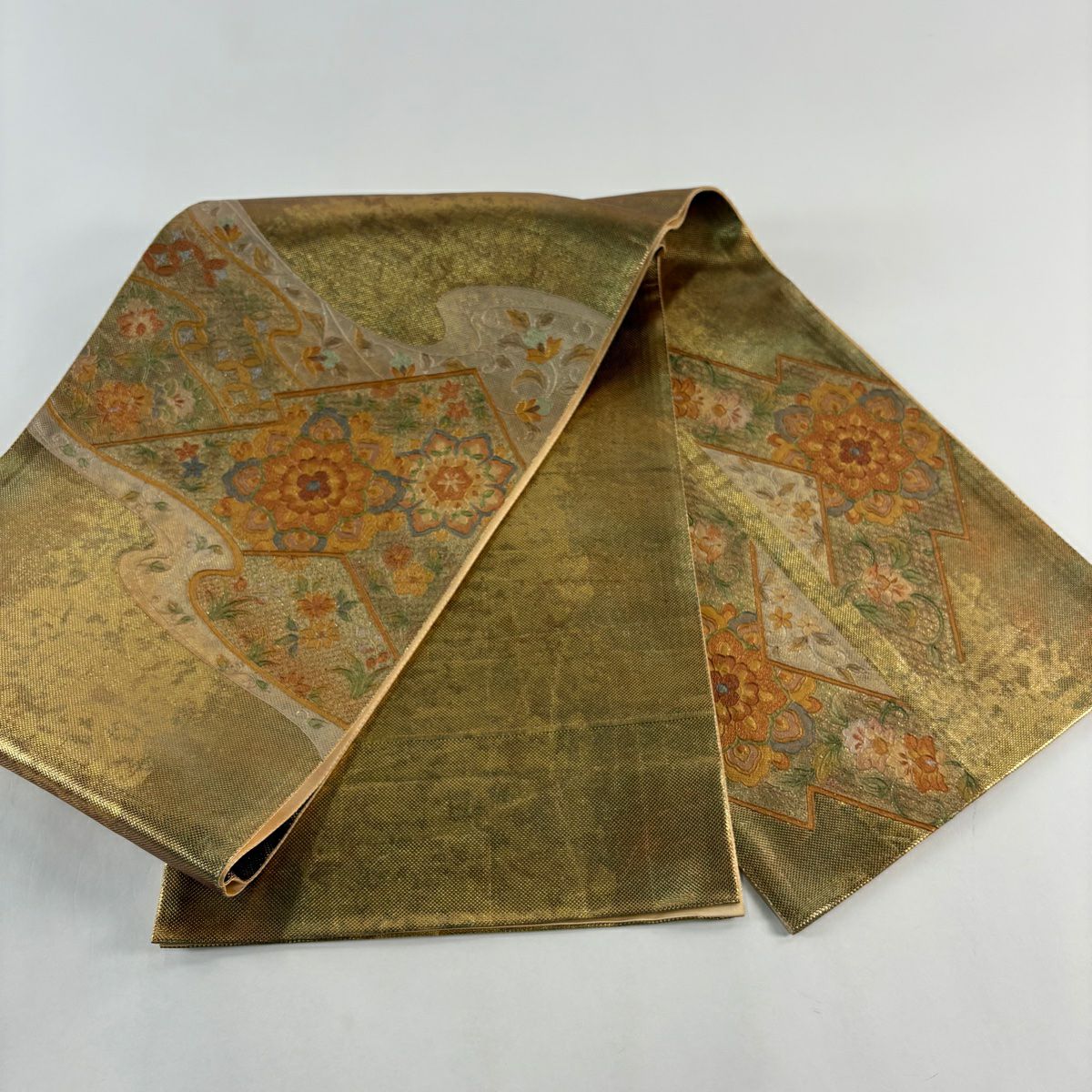 袋帶 秀品級 華紋 流水 刺繡 金金箔 金色 大鼓圖案 純蠶絲