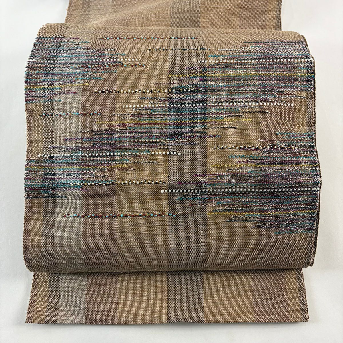 【美品】 開口名古屋帶 優品級 八寸名古屋帶 條紋 金絲 淺茶 純蠶絲