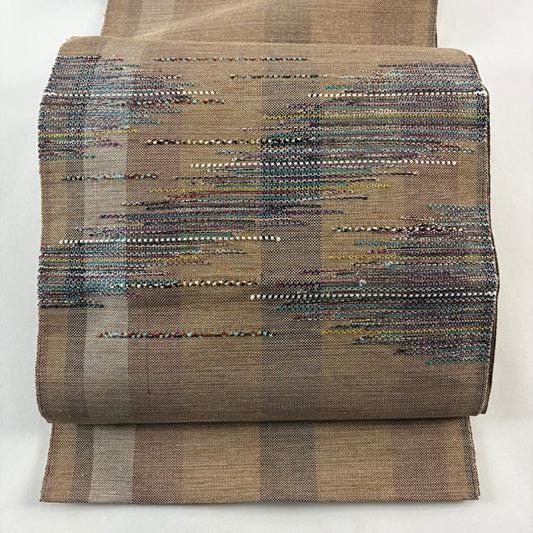 【美品】 開口名古屋帶 優品級 八寸名古屋帶 條紋 金絲 淺茶 純蠶絲