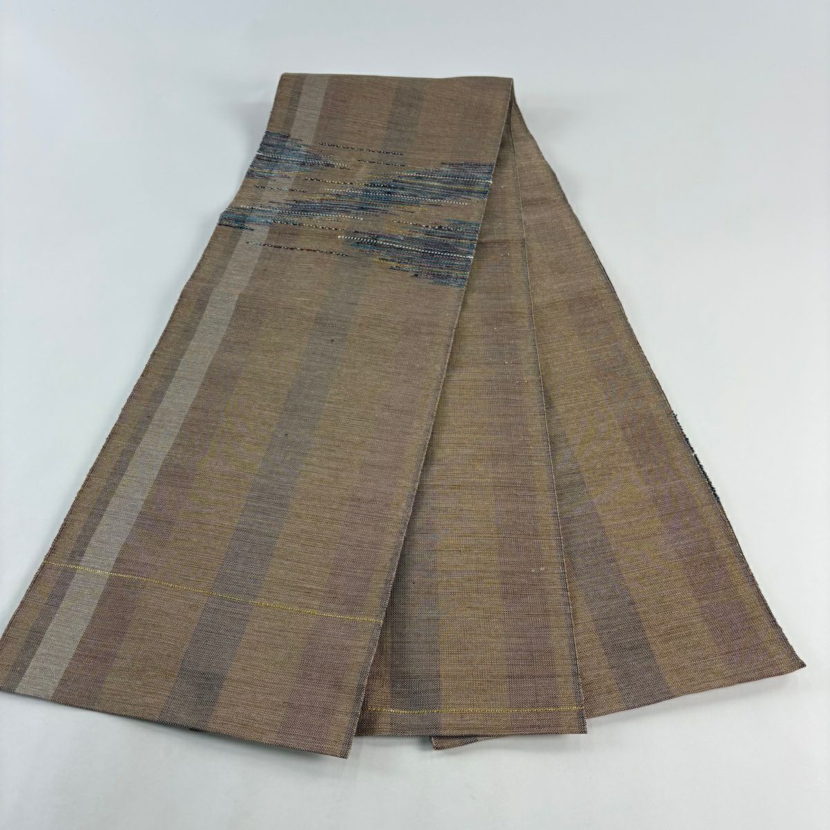 【美品】 開口名古屋帶 優品級 八寸名古屋帶 條紋 金絲 淺茶 純蠶絲