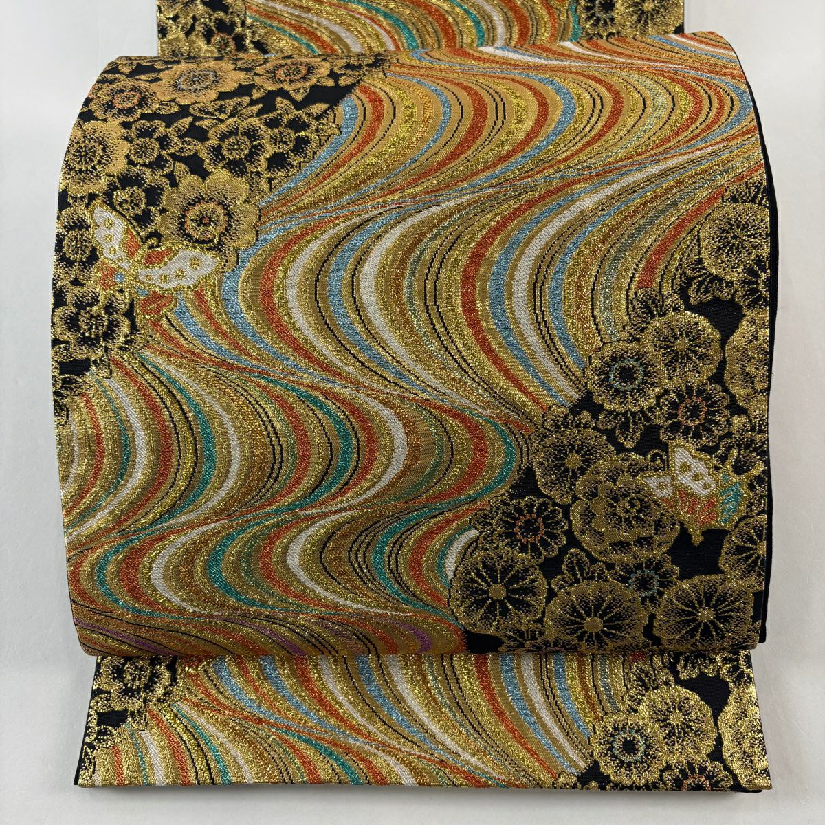 【美品】 袋帶 秀品級 流水 草花紋 金金箔 金絲 黑 六通 純蠶絲