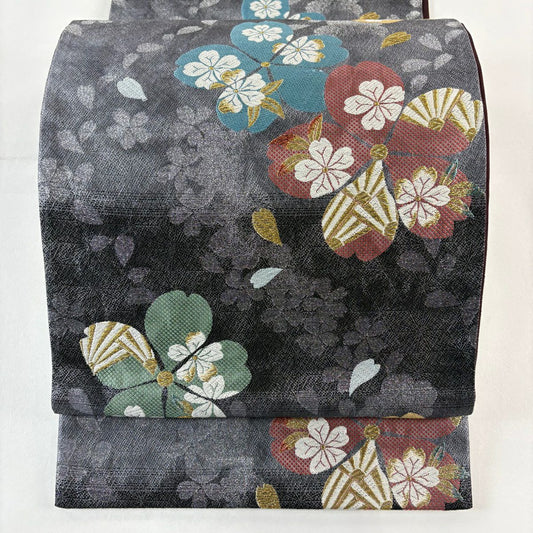 【美品】 袋帶 優品級 振袖禮服禮服用 櫻花花瓣 金絲 金金箔 黑灰 六通 純蠶絲