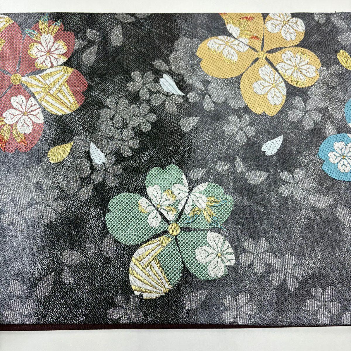 【美品】 袋帶 優品級 振袖禮服禮服用 櫻花花瓣 金絲 金金箔 黑灰 六通 純蠶絲