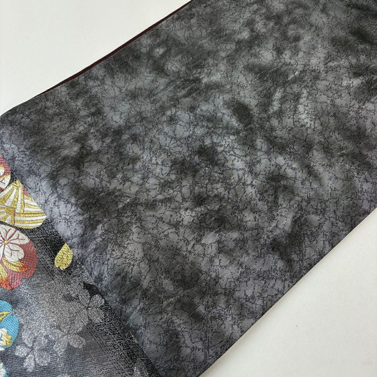 【美品】 袋帶 優品級 振袖禮服禮服用 櫻花花瓣 金絲 金金箔 黑灰 六通 純蠶絲