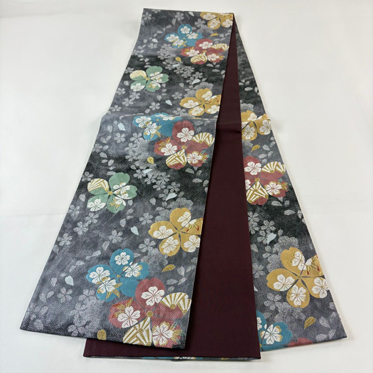 【美品】 袋帶 優品級 振袖禮服禮服用 櫻花花瓣 金絲 金金箔 黑灰 六通 純蠶絲