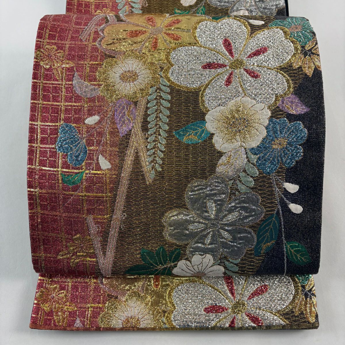 【美品】 袋帶 秀品級 草花紋 格子 金金箔 金絲 朱 純蠶絲